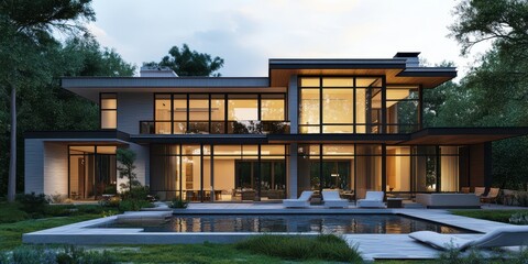 Obraz premium Illustration of a Modern House Created with Innovative Techniques and Contemporary Design Features Highlighting Minimalism and Functionality