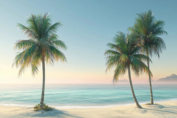 Obraz premium Tranquil beach view with palm trees at sunset in a tropical paradise