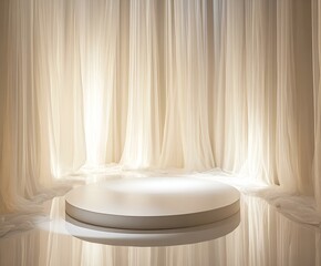 A serene and elegant stage with soft sunlight and airy curtains.
