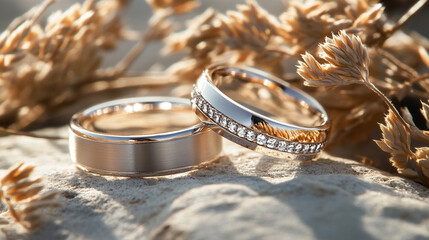 Two elegant wedding rings rest gently in a natural setting, symbolizing the unity of marriage, eternal love, and the connection between human bonds and the beauty of nature