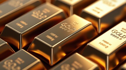 Stack of gold bars on reflective surface. Wealth and investment concept