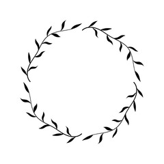Round frame with leaves. Black silhouette. Front view. Vector simple flat graphic illustration. Isolated object on white background. Isolate.