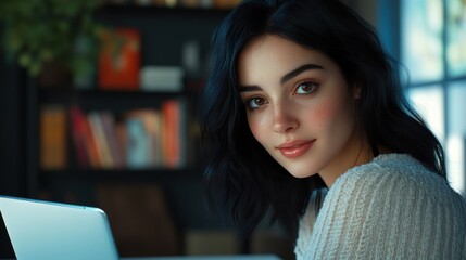 Young woman using laptop in a home office setup. Modern work from home concept.