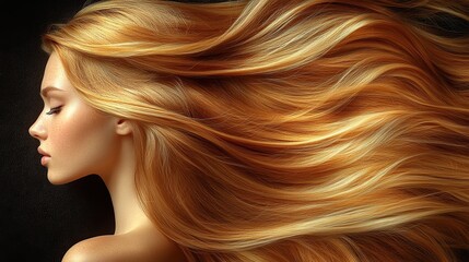 Profile of a woman with flowing golden hair.