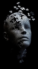 A surreal sculpture of a human head disassembling into puzzle pieces against a black backdrop.