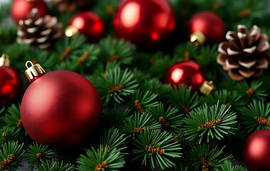 Naklejka premium christmas decorations feature red baubles pine cones lush green fir