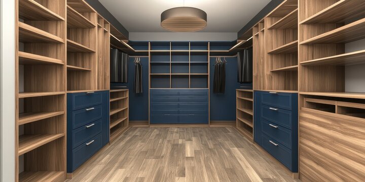 Realistic Front View of a Modern Walk-in Closet Cabinet Design Featuring Elegant Woodwork and Functional Shelving for Organized Living Spaces