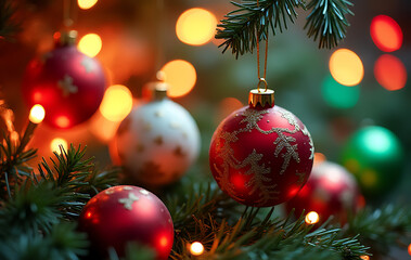 Fototapeta premium festive holiday scene bright colors ornaments adorn decorative christmas