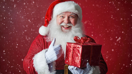 Jolly santa claus holding a festive wrapped gift amidst falling snowflakes