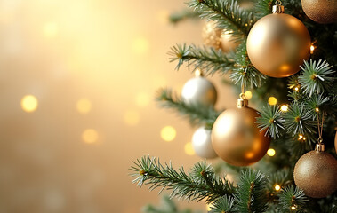 Obraz premium golden white balls adorn christmas tree branches festive lights decorations bright background holiday