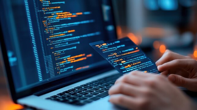 Person coding on a laptop with smartphone in hand showing code. Technology and software development concept.