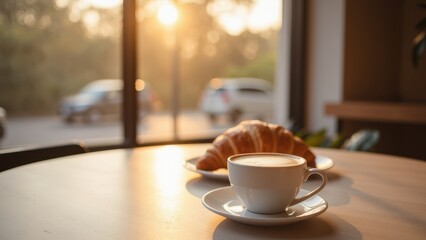 Fototapeta premium Upscale Coffee Shop with Croissant and Morning Light