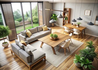 Minimalist Japandi Interior Design: Modern Living Room with Dining Table