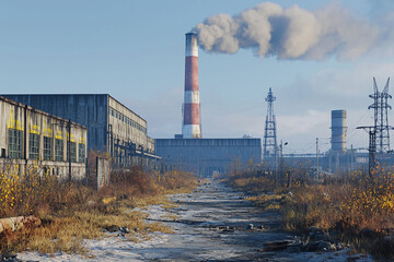 Obraz premium Abandoned site with smokestacks polluting a clear sky