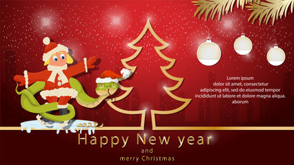 Illustration of the New Year and Christmas A snake wraps around a girl on skates next to a spruce tree in the form of a contour