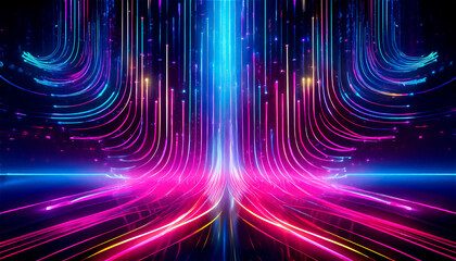 Abstract luminous threads, sound visualization, visualization of data exchange and data streaming on a black background, reflected on the floor