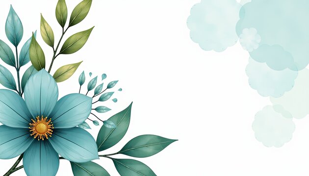 Teal and gold flower on white background Modern watercolor floral pattern for contemporary greeting cards wedding invitations posters or banners with customizable design space.