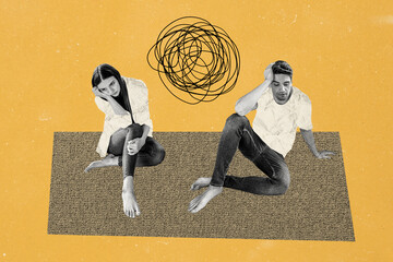 Creative collage picture young man woman drawing doodles headache pain depression break argument...