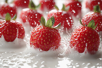 Fresh strawberries splashing in water creating vibrant droplets