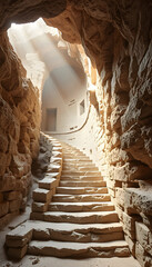 staircase in the ruins of the ancient cave city isolated with white highlights, png