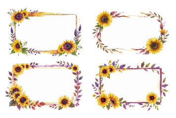 frames with dark yellow and deep purple, sunflowers and abundant leaves, ink style card, brush strokes, isolated