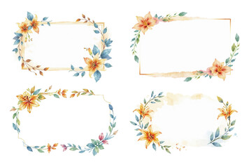 Obraz premium watercolor frames with amber and indigo, lilys and split-leaf leaves, isolated on white background, ink style card, simple brush strokes