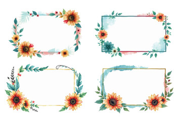 watercolor invitation frames with teal and deep red, sunflowers and abundant big leaves, brush stroke, paint style, isolated on white