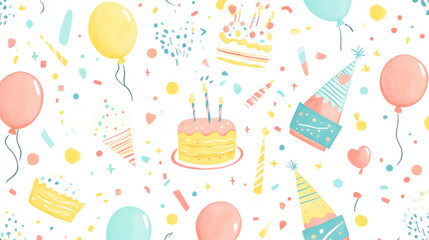 Colorful confetti explosion with birthday cakes, balloons, and party hats on a festive white background