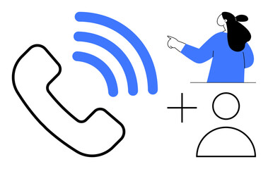 Hand pointing to the right, a blue-colored wireless signal, a large black telephone symbol, and a plus sign with a user icon. Ideal for communication, customer service, connectivity, teamwork
