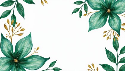 Emerald green and gold flower on white background Lush watercolor floral pattern for vibrant greeting cards wedding invitations posters or banners with customizable design space.