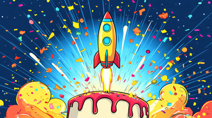 Fototapeta premium Celebrate with a giant rocket birthday candle launching off a colorful cake in a festive explosion of confetti