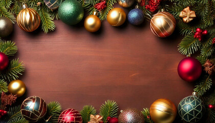 Xmas Ball decoration frame on wooden surface Ai generative