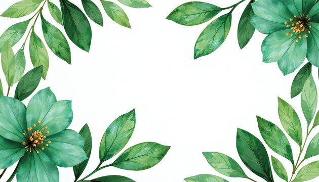 Emerald green and gold flower on white background Lush watercolor floral pattern for vibrant greeting cards wedding invitations posters or banners with customizable design space.