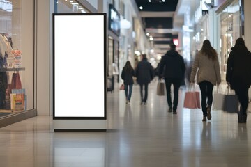 Blank advertising panel in a bustling shopping mall setting