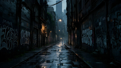 Dark Urban Alley with Rain and Street Lights