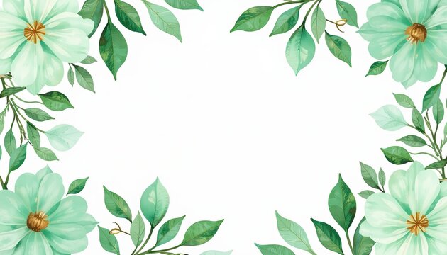 Mint green and gold flower on white background Refreshing watercolor floral pattern ideal for vibrant greeting cards wedding invitations posters or banners with customizable text space.