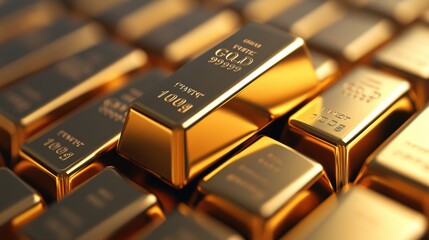 Stack of gold bars on a reflective surface. Wealth and investment concept for design and print.