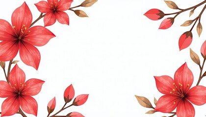 Bright coral and bronze blossom on white background Vivid watercolor flower frame for creating eye-catching greeting cards wedding invitations banners or posters with text space.