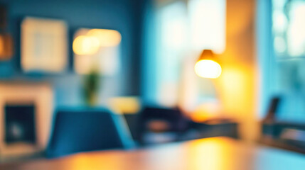 A dreamy modern home office with soft colors and blurred visuals creating an abstract atmosphere