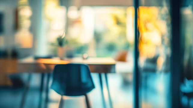 A dreamy blurred view of a modern home office featuring soft colors and an inviting atmosphere