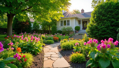 Obraz premium Beautiful suburban house with a lush garden and sunlight streaming through the trees, peaceful summer morning, with copy space