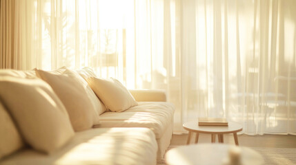 Fototapeta premium Ethereal living room with soft sunlight filtering through sheer curtains in a tranquil home setting