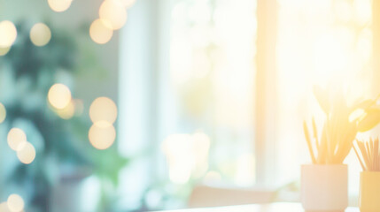 Bright Scandinavian home office with soft light and a blurred background creating a serene and inviting atmosphere