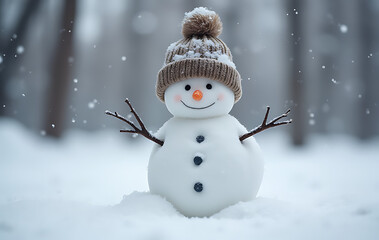 cute snowman wears wool hat snowy winter