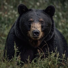 A black bear in its natural habitat in the forest. A big predator.