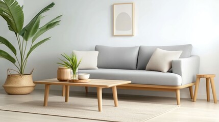 A natural living room with a gray linen sofa, light wooden floors, and a coffee table decorated with plants and wooden decor. 