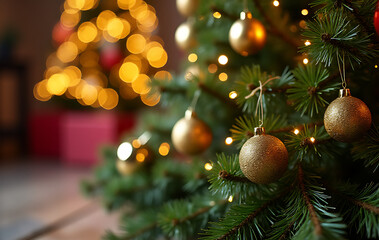 festive christmas scene features fir branches golden decorations merry holiday