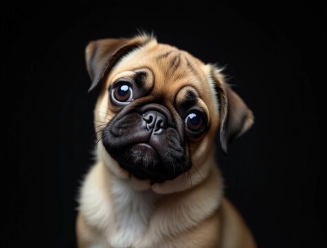 S&uuml;&szlig;er Mops mit gro&szlig;en Augen auf schwarzem Hintergrund