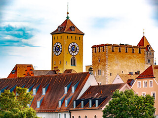 Postkartenmotiv der bayerischen Stadt Regensburg im goldenen Herbst