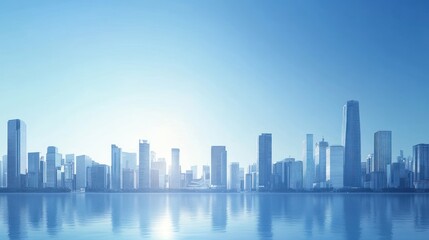 A serene city skyline reflecting on water under a clear blue sky.